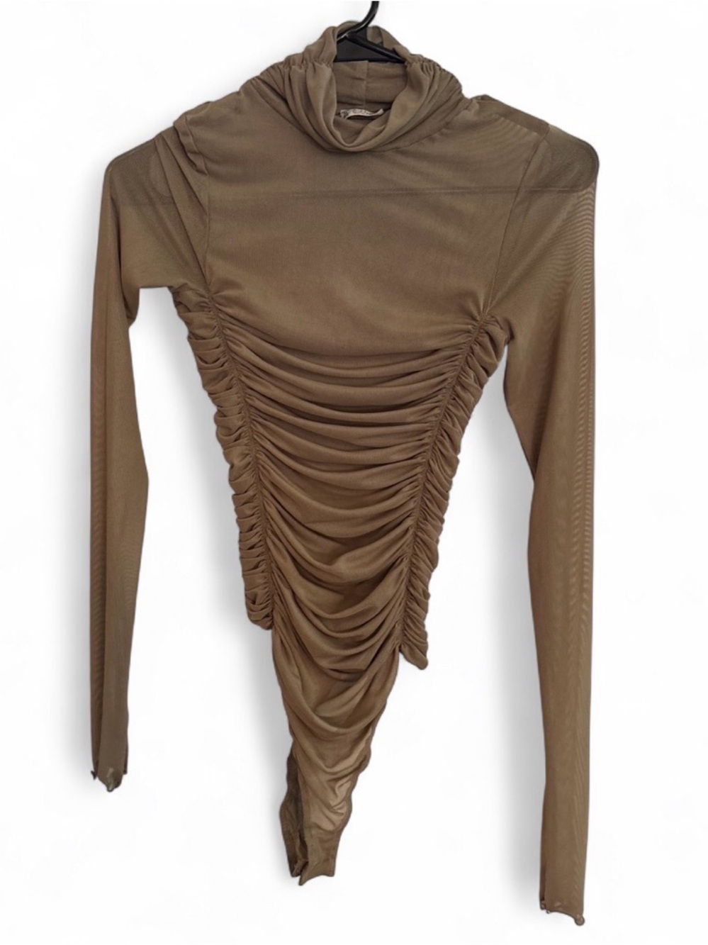 Free People Under It All Mesh Ruched Bodysuit Size Small in Tan Green